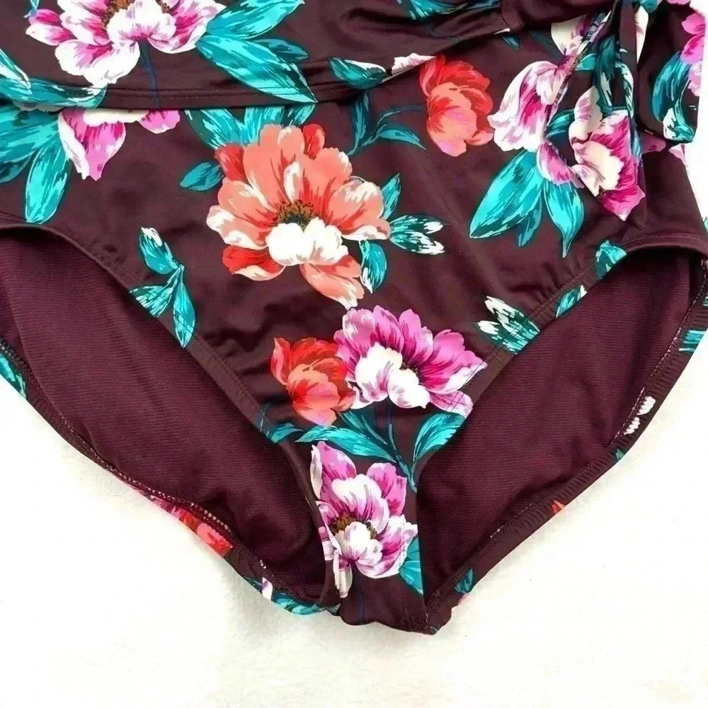 Embrace Your Curves Maroon Floral V-Neck Plunge Spaghetti Strap One Piece Size M